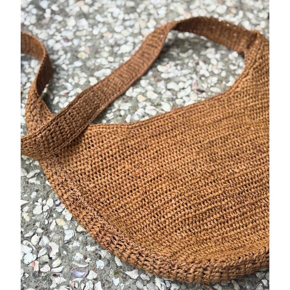 Helen Kaminski Australia Raffia Crochet Shoulder Bag Tan Brown Leather Strap - Picture 6 of 13